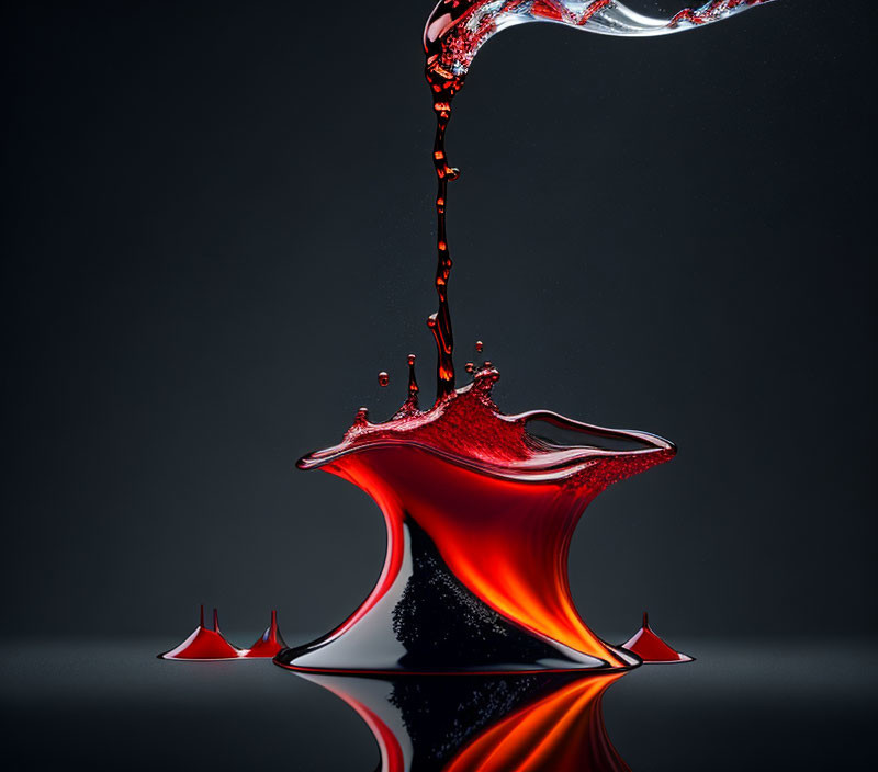 Vibrant Red Liquid Splash on Dark Background with Glossy Reflections