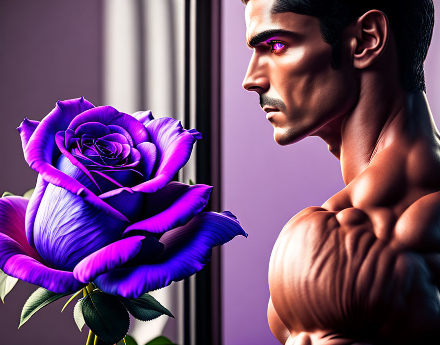 Digital Art: Muscular Man Profile with Purple Eyes and Vibrant Rose