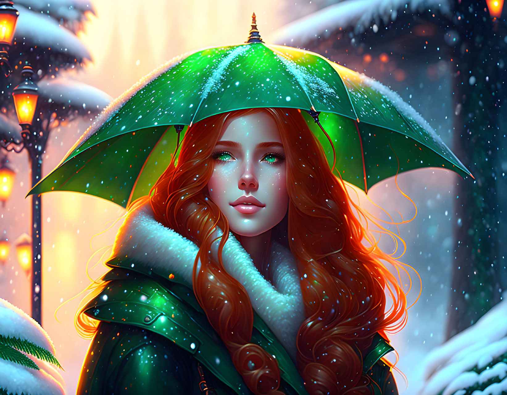 Red-haired woman with green umbrella in falling snow under streetlights