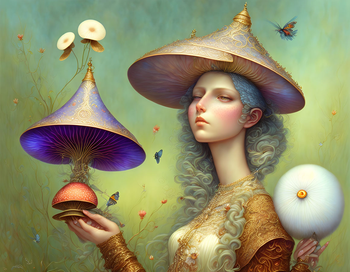 Ethereal woman with blue hair holding vibrant mushroom among fantastical scene