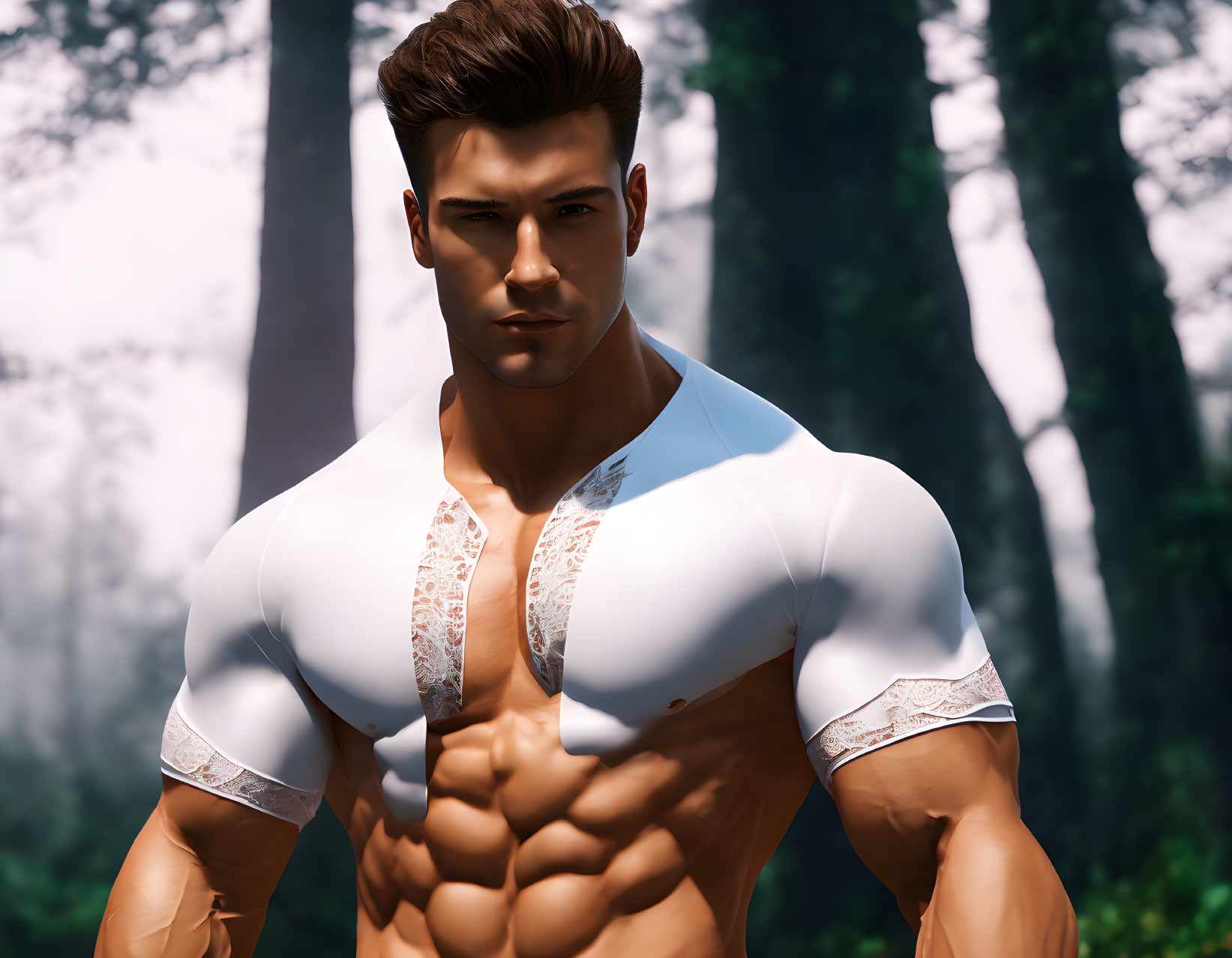 Muscular animated character in partially unbuttoned white shirt in forest setting