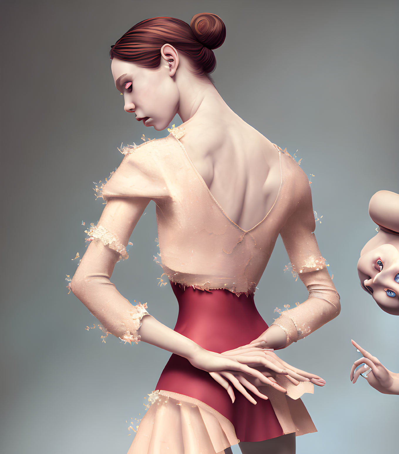 Stylized female figure in peach bodice and maroon skirt