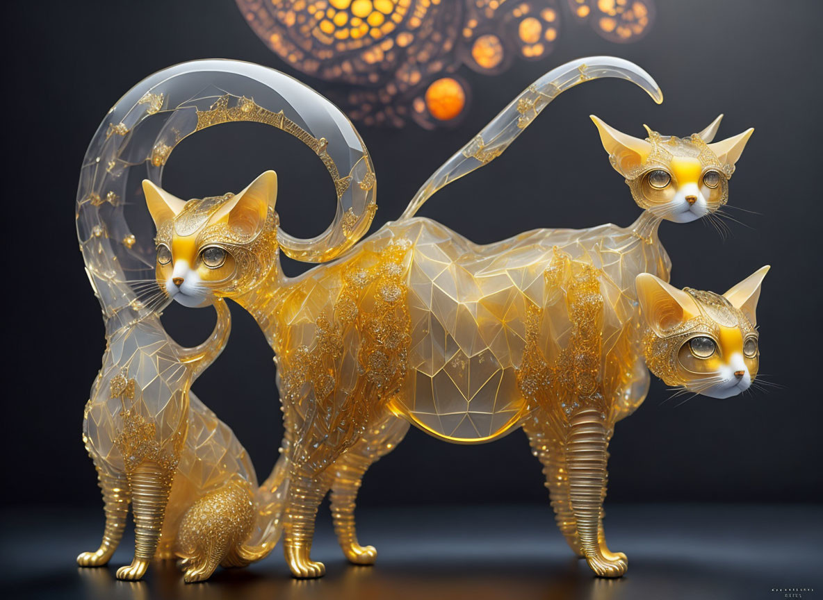 Golden crystalline cats with swirling tails on dark background.