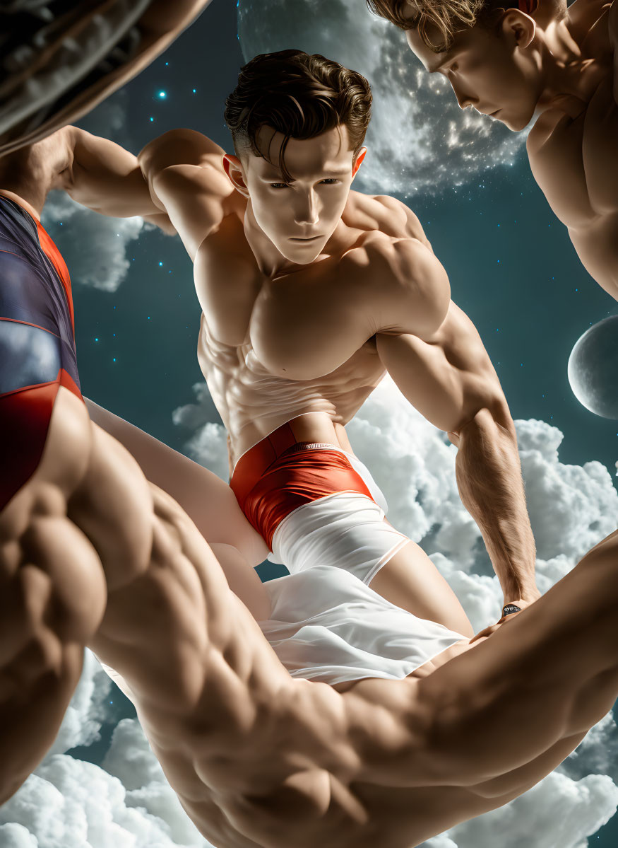 Muscular superheroes in tight costumes flying in the sky against a planet backdrop