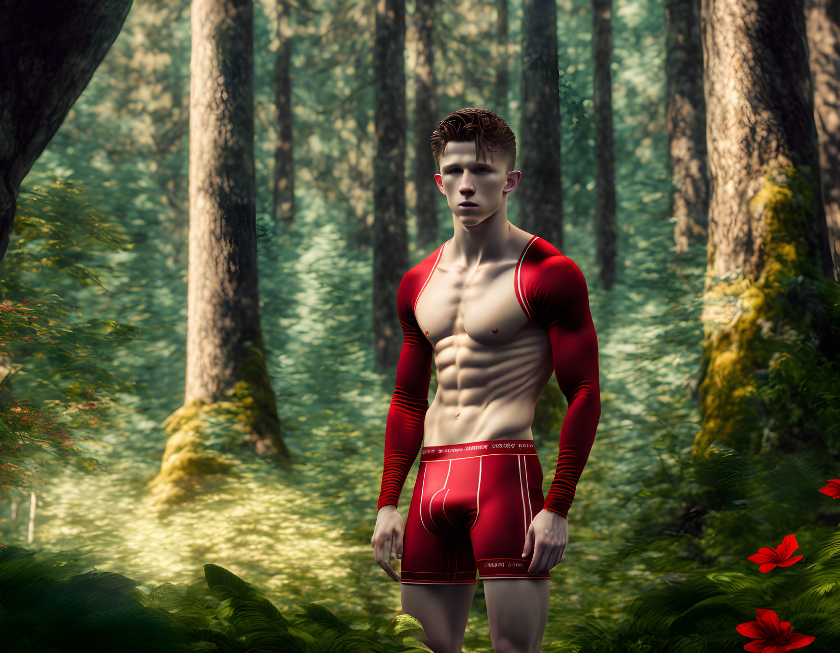 Muscular Man in Red Sportswear Standing in Sunlit Forest Clearing