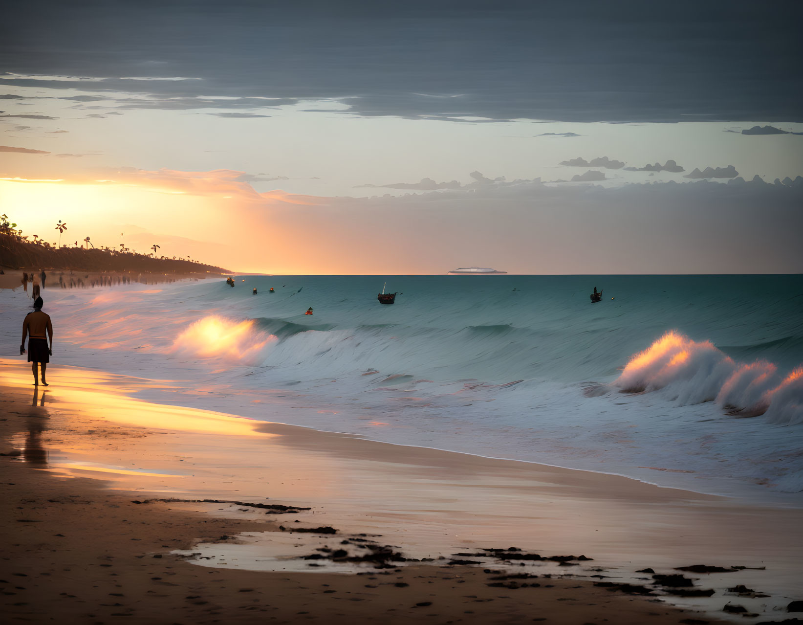 Beach sunset with crashing waves, boats, and soft clouds