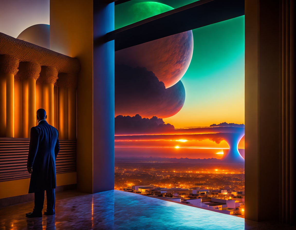 Person in futuristic doorway gazes at large planet over vibrant alien landscape