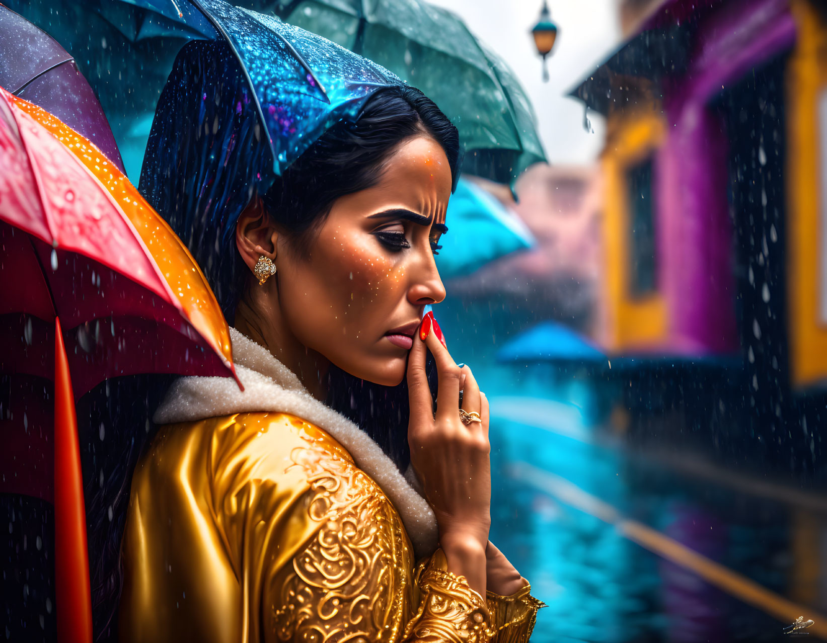 Woman in Golden Outfit with Red Umbrella in Colorful Rainy Alleyway