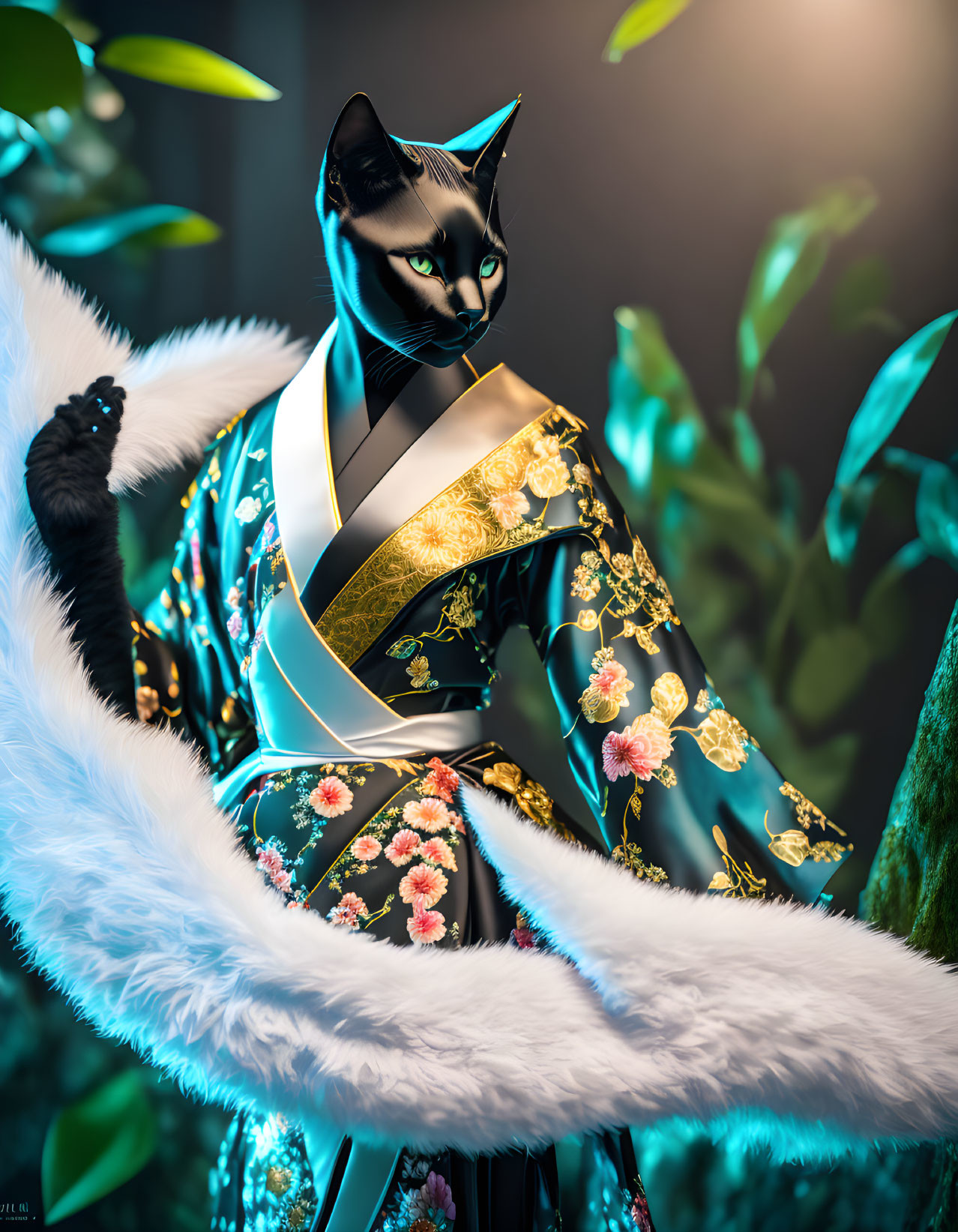 Japanese Kimono-wearing Anthropomorphic Cat in Elegant Pose with Floral Patterns