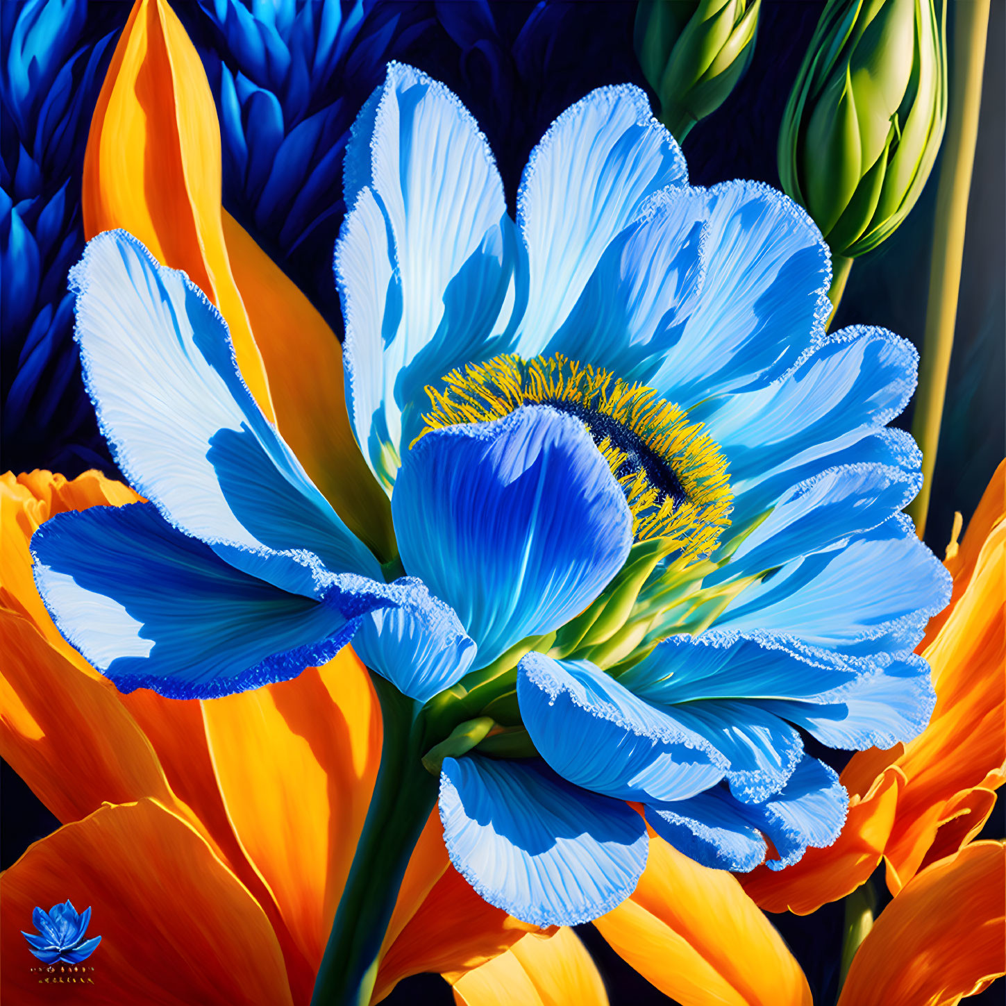 Colorful digital painting: blue and white flower with yellow accents on orange petals.