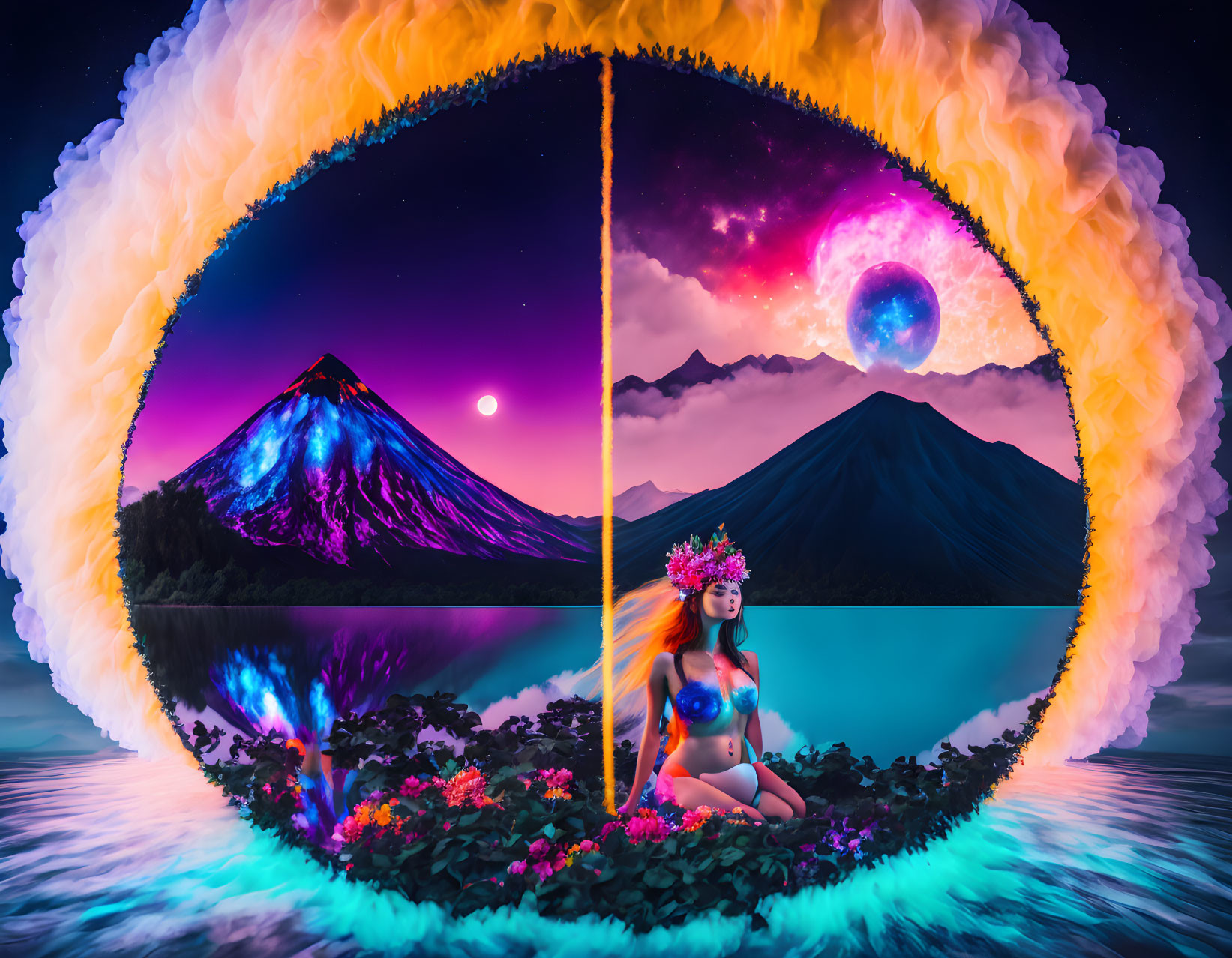 Surreal image: cosmic landscape, mountain scene, woman with flowers