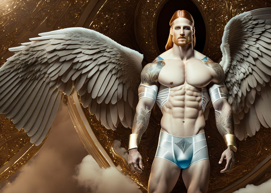 Muscular winged character with red hair and tattoos against golden ornate background.