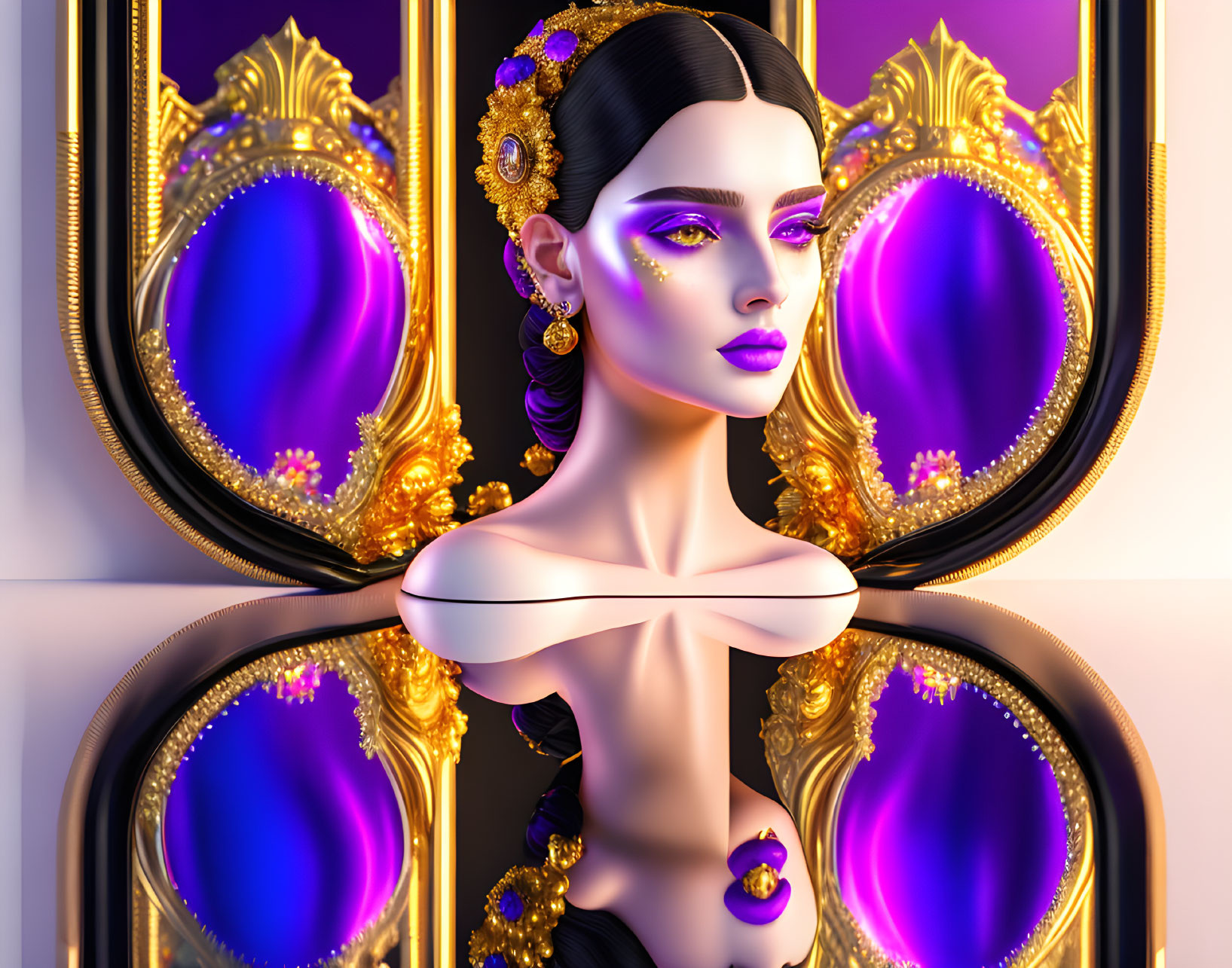 Stylized digital artwork of woman with dark hair in ornate mirror setting