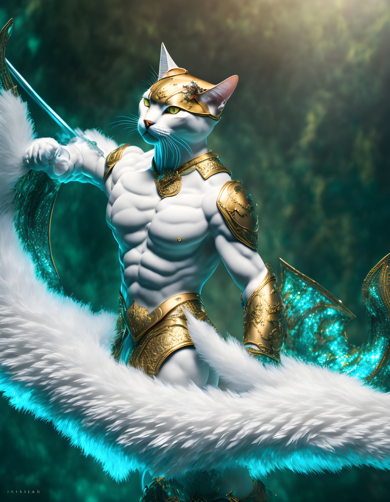 White fur cat warrior in golden armor wields sword in misty setting