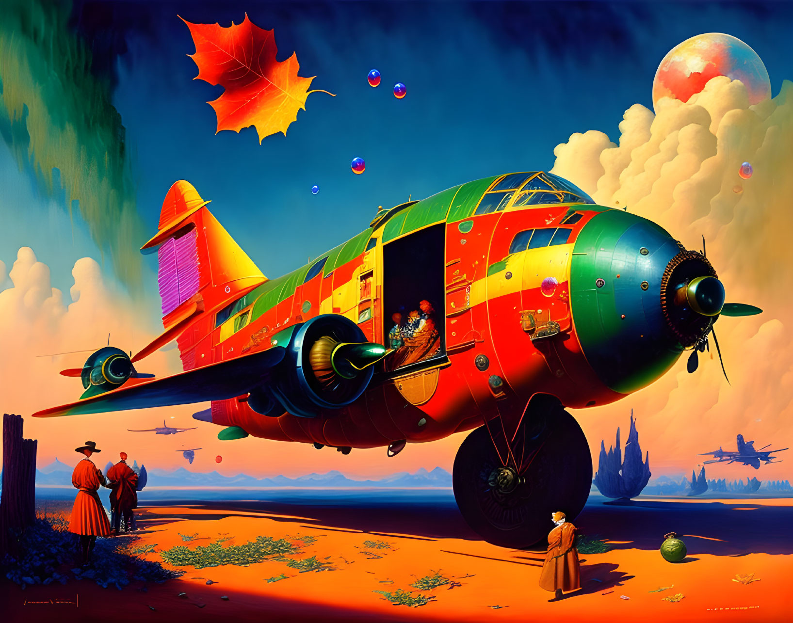 Colorful Plane in Surreal Desert Landscape with Bubbles, Autumn Leaves, and Fantastical Structures