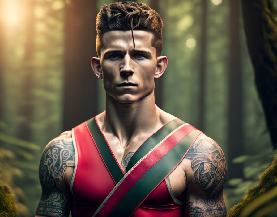 Digital artwork: Man with tattoos and red sash in forest setting