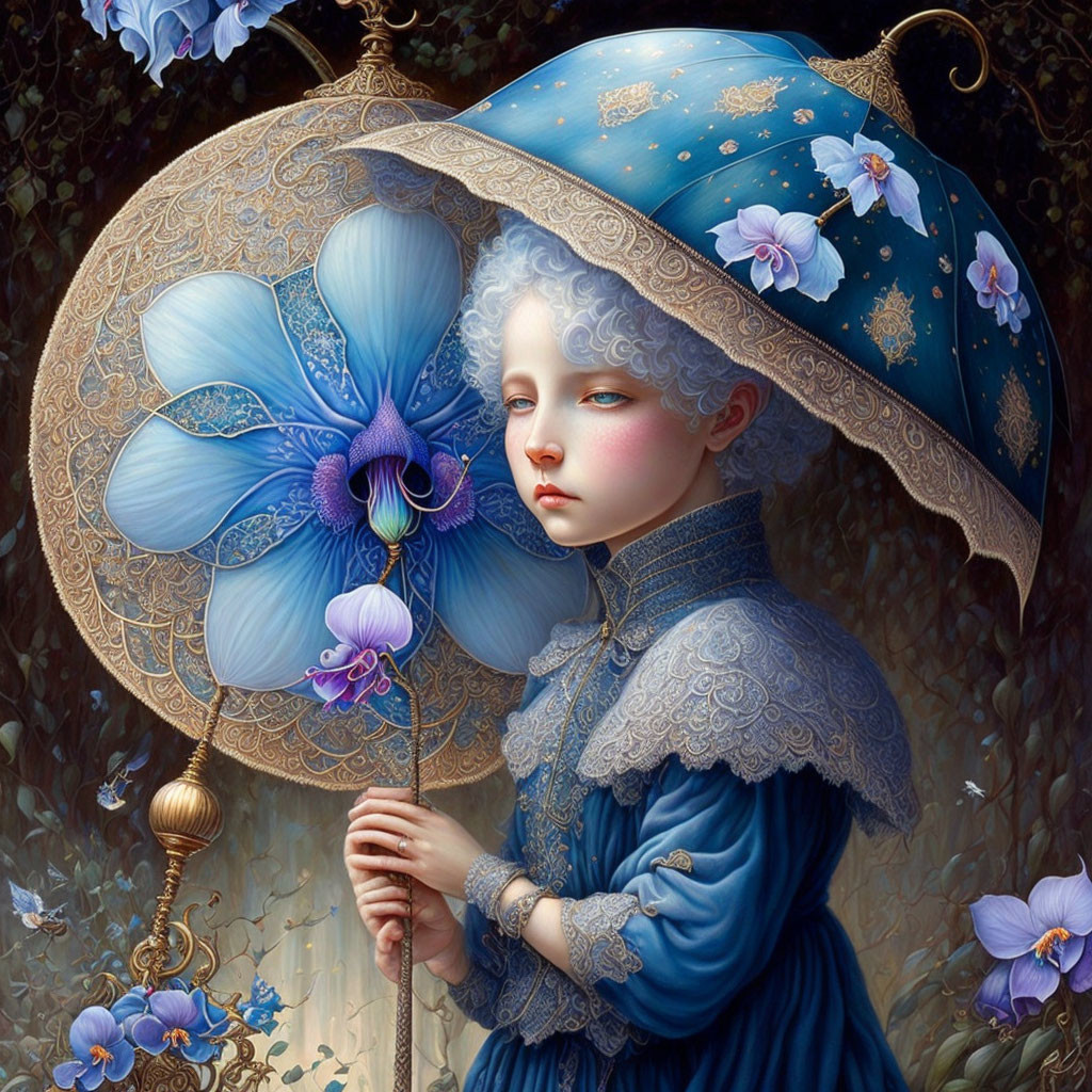 Surreal portrait of person with pale skin and curly hair holding ornate umbrella with blue and white