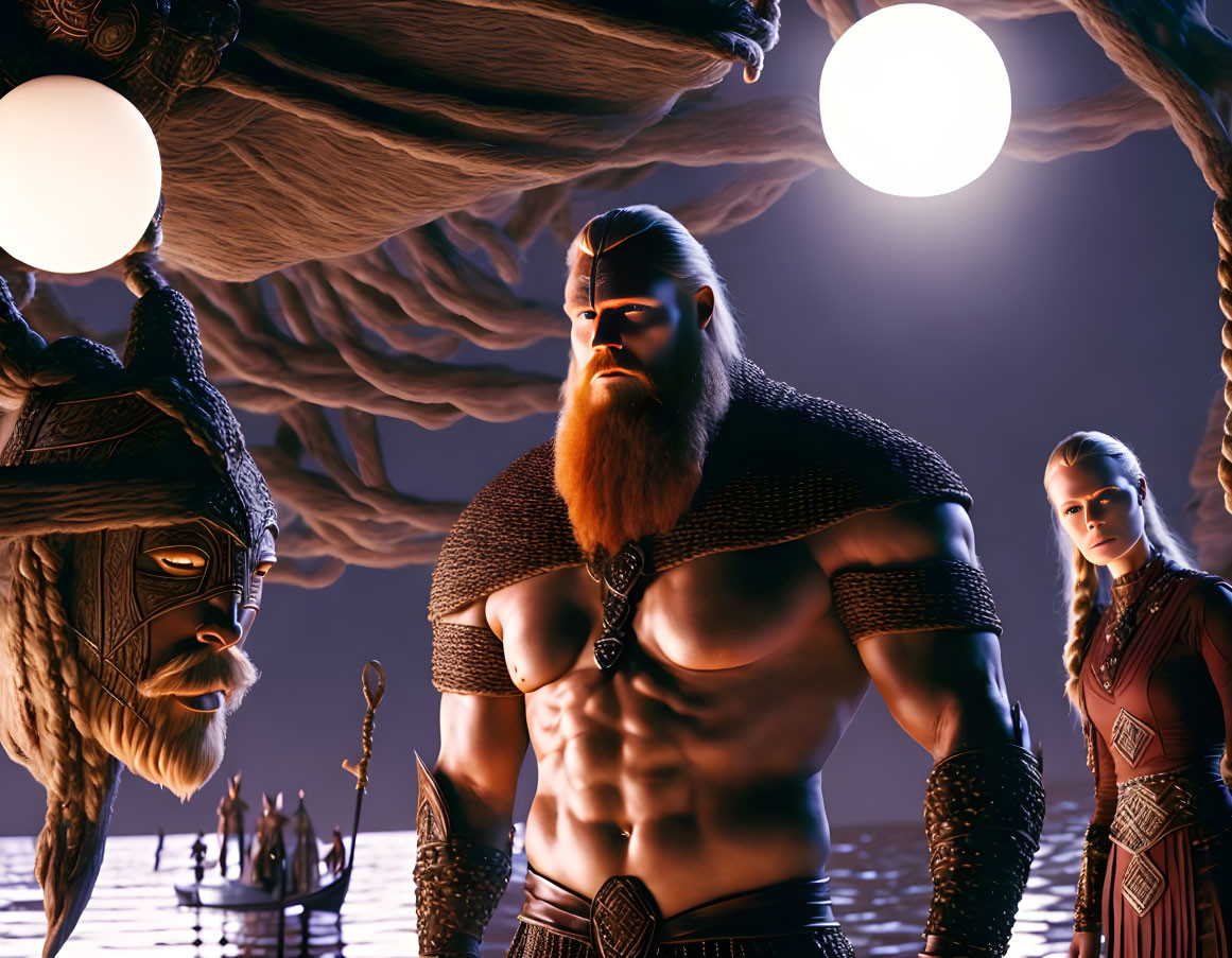 Digital artwork of muscular bearded warrior with companions in mystical setting