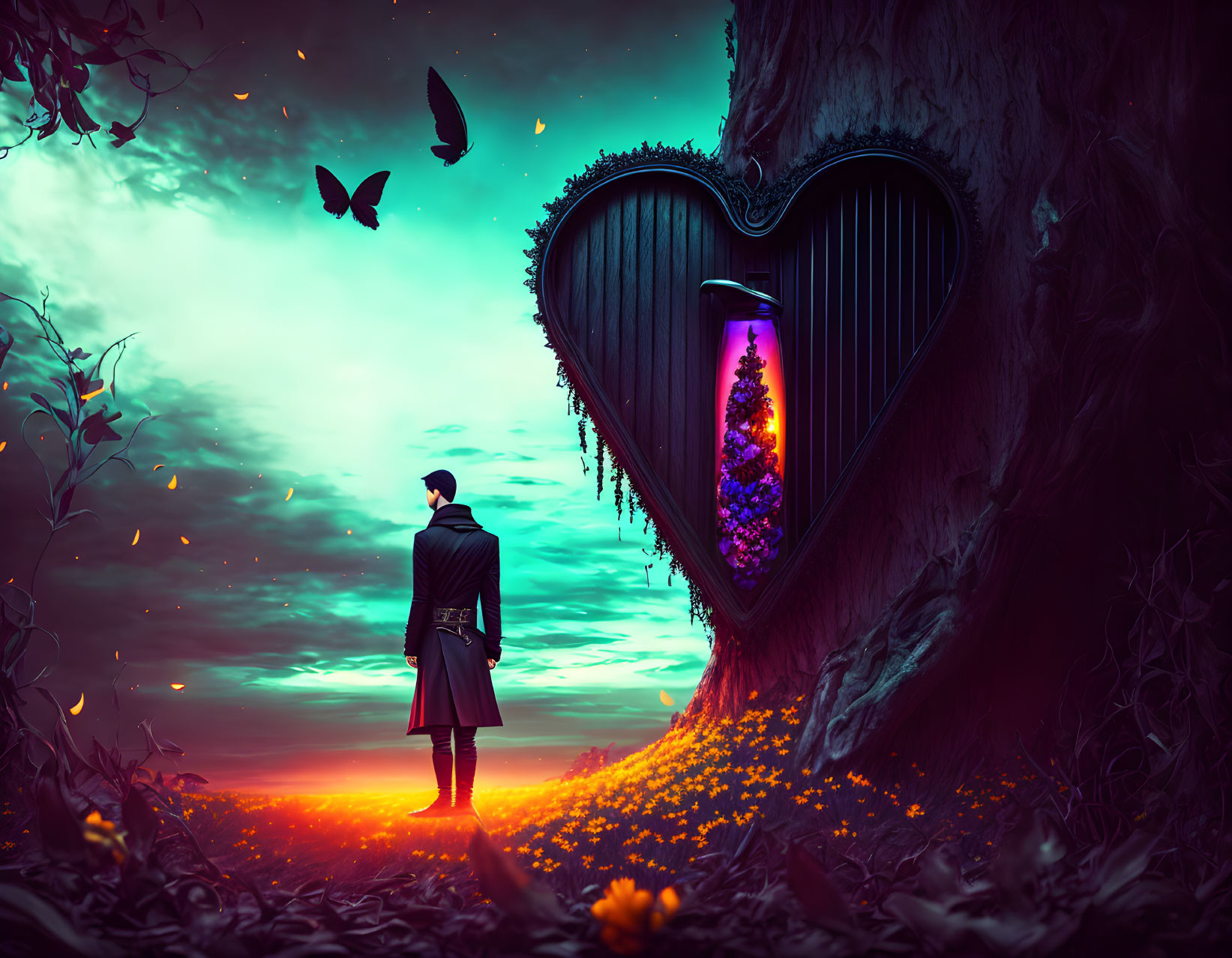 Person facing heart-shaped portal on tree with vivid landscape and butterflies under twilight sky