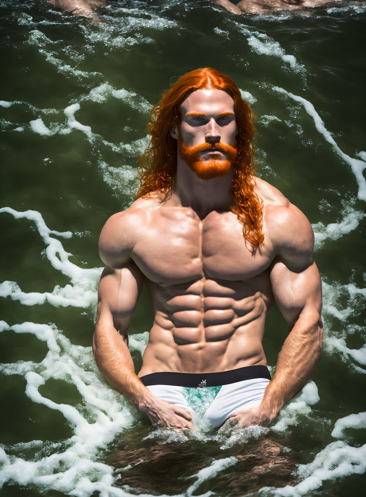 Red-Haired Muscular Man Submerged in Water with Foamy Waves