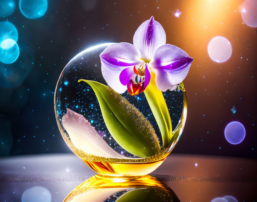 Vibrant orchid in gold-accented sphere on cosmic background