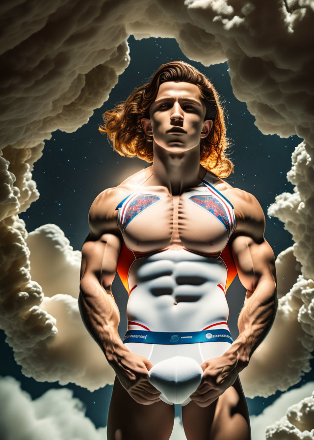 Muscular figure with visible anatomy under dramatic lighting against cloudy sky