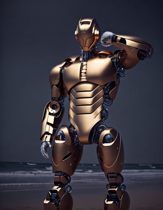 Golden humanoid robot with articulated joints on beach with waves