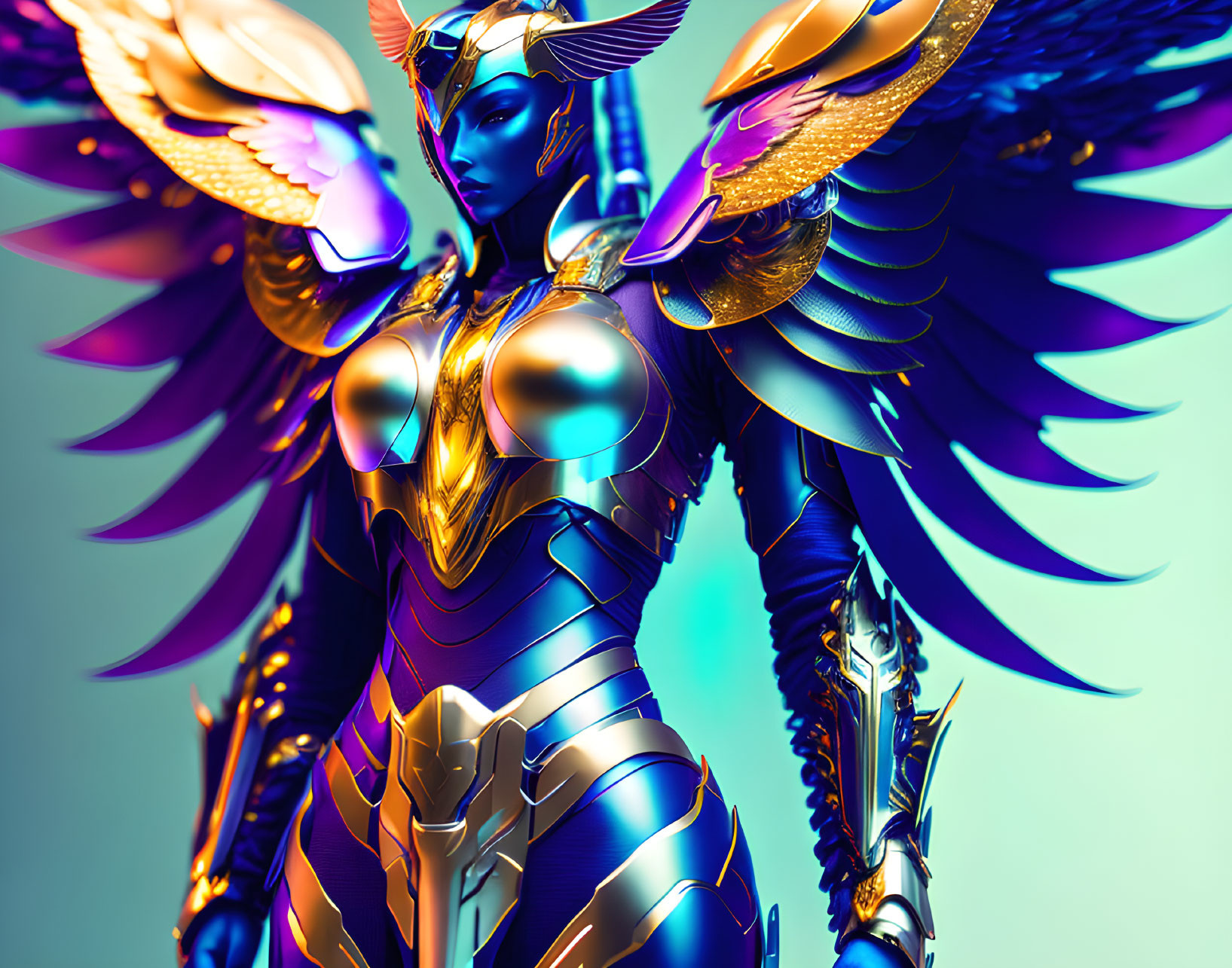 Colorful Female Warrior in Blue and Gold Armor with Winged Shoulder Pads