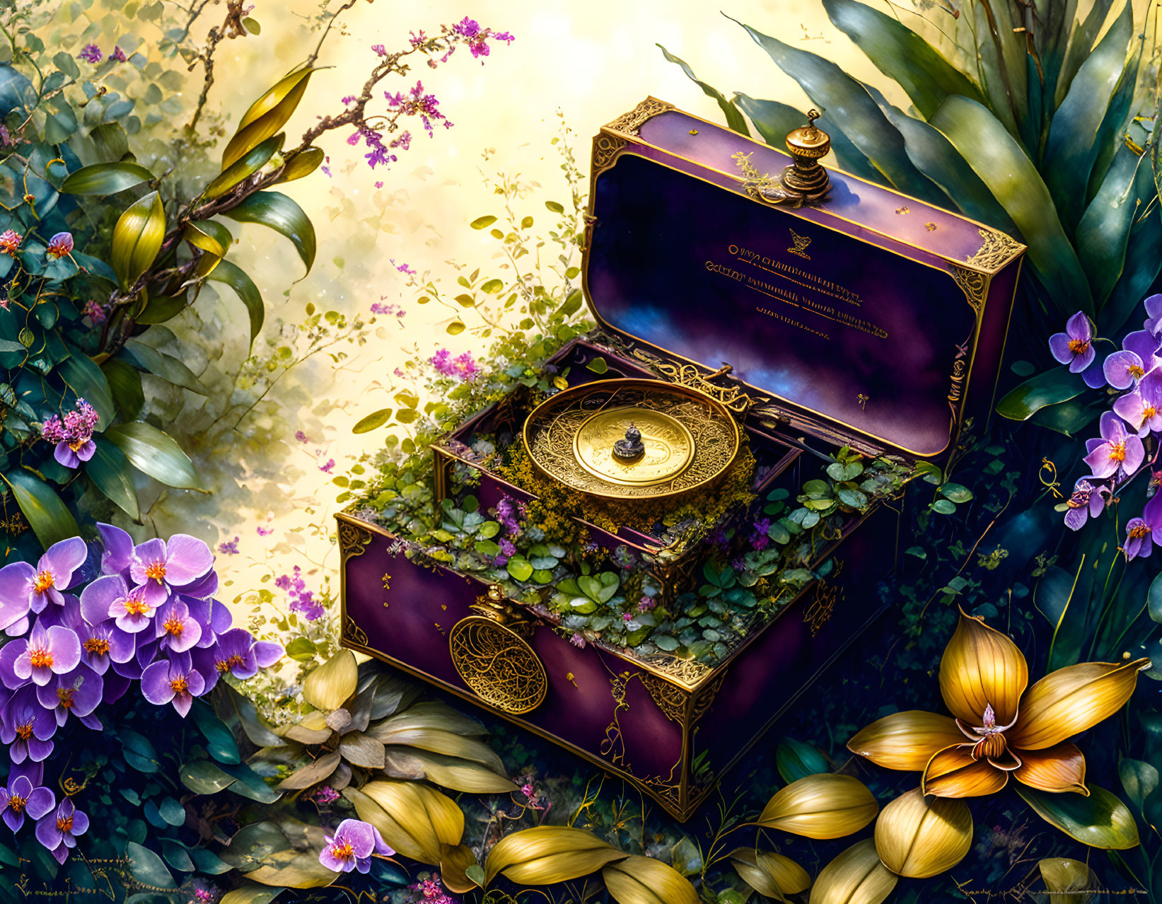 Golden music box with open lid and ballerina among vibrant flowers