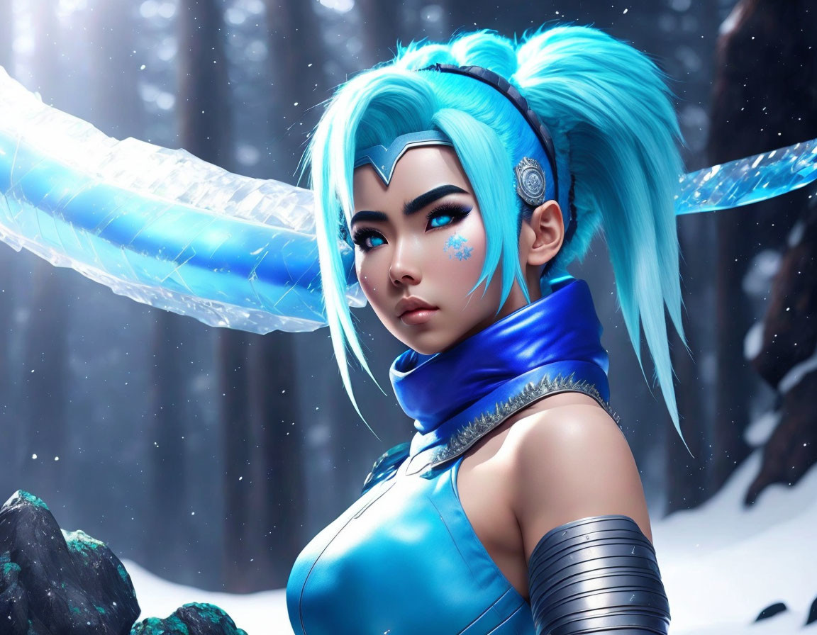 Female character with blue hair in futuristic armor on snowy landscape.