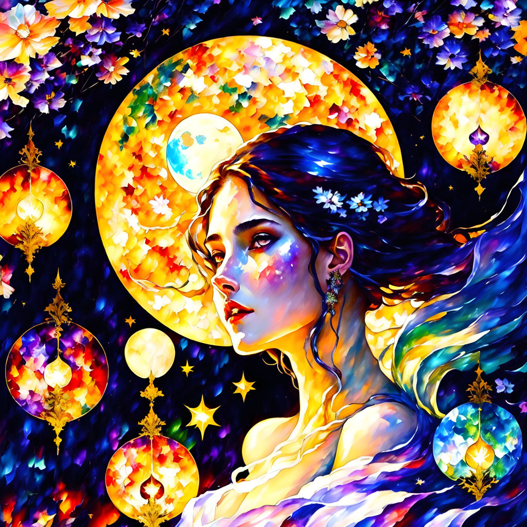 Colorful artwork: Woman with flowers under moonlight