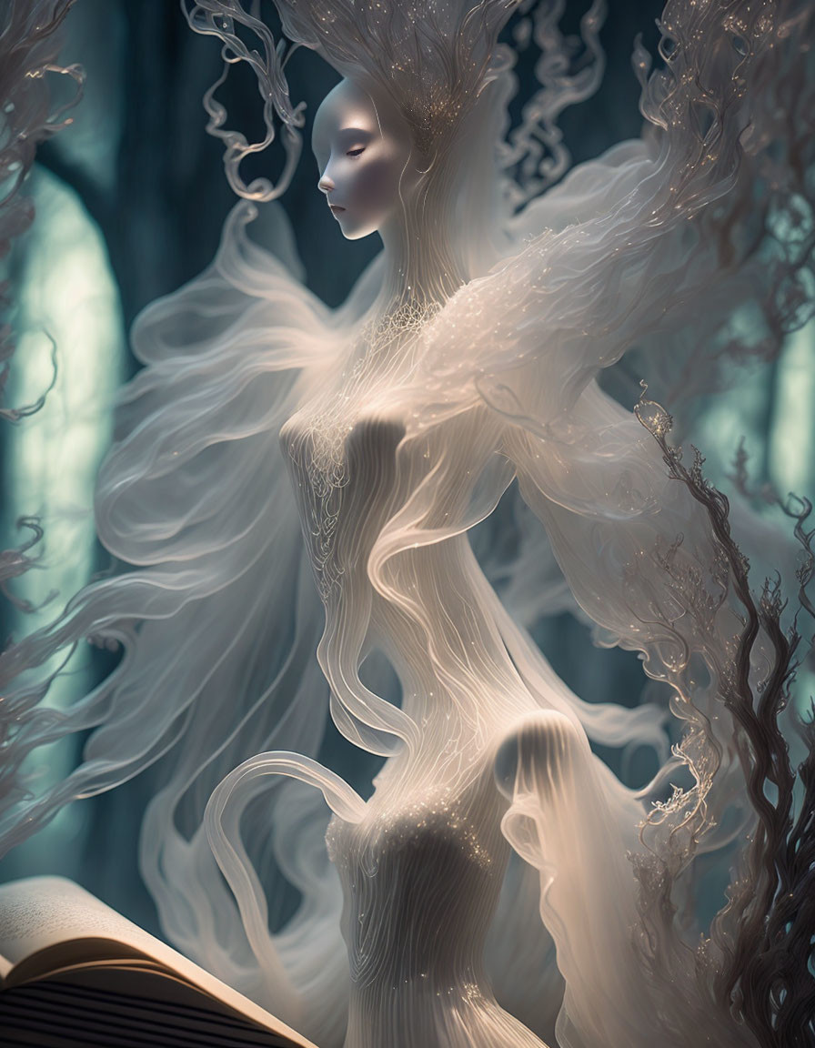 Translucent figure in flowing robes emerges from forest with mystical aura