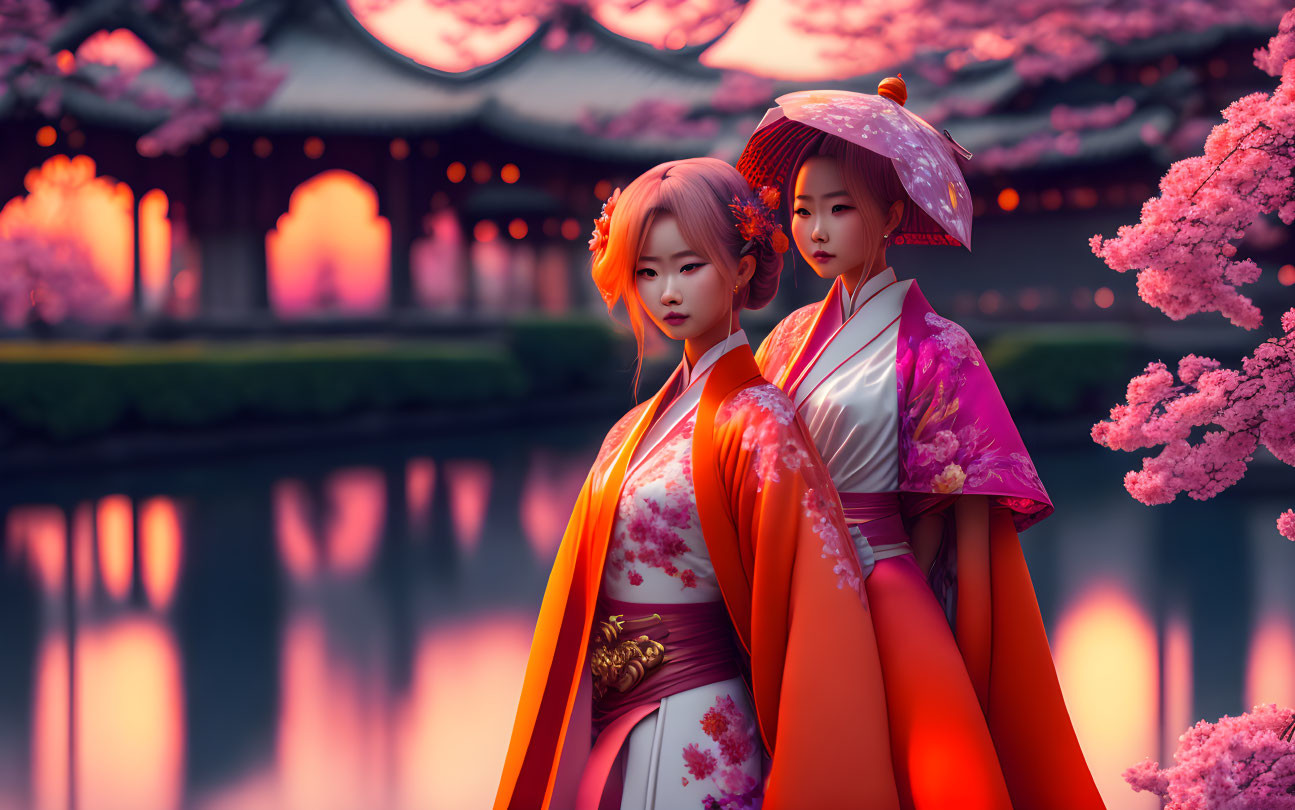 Traditional Japanese attire individuals by serene pond with cherry blossoms