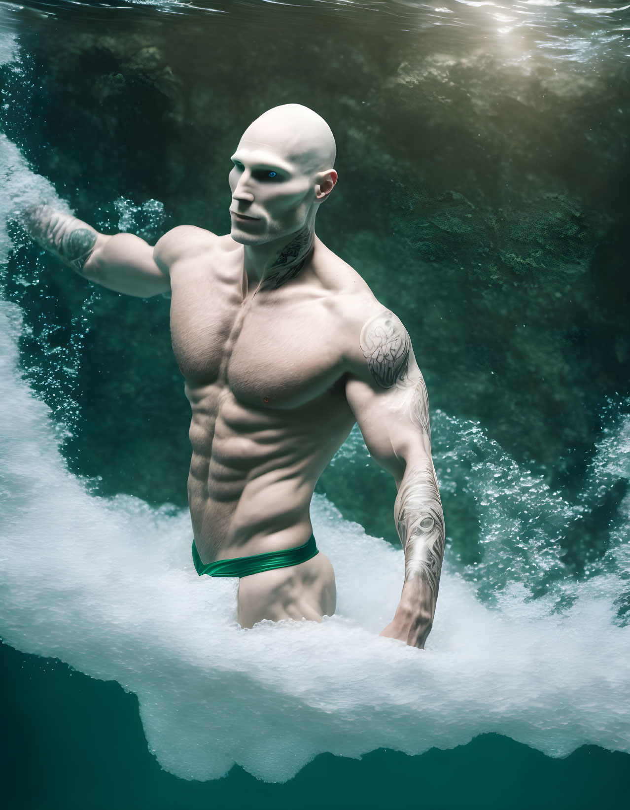 Muscular Bald Person in Green Swim Trunks Submerged in Clear Water