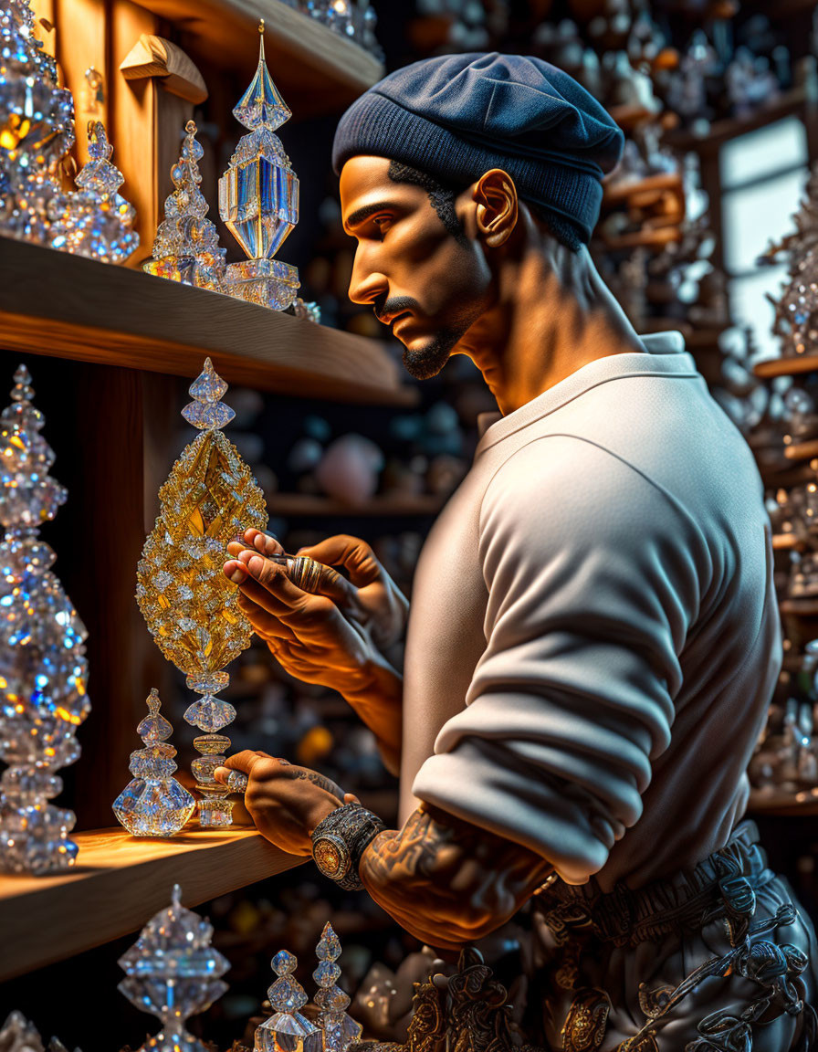 Intricate crystal ornament in a sparkling shop under warm lighting