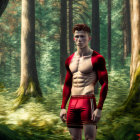 Muscular Man in Red Sportswear Standing in Sunlit Forest Clearing