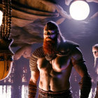 Digital artwork of muscular bearded warrior with companions in mystical setting