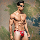 Muscular man in sunglasses and briefs against city backdrop displays confidence