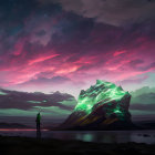 Child in winter coat against surreal glowing blue ice seascape under twilight sky