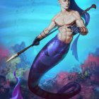 Male merman fantasy illustration with purple tail, golden trident, and underwater coral scene.