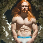 Muscular red-haired person in white briefs among greenery.