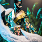 Digital Artwork: Black Cat with Green Eyes and Orchids in Floral Robe