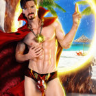 Muscular male fantasy character with beard in cape by magical beach portal