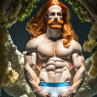 Muscular figure with visible anatomy under dramatic lighting against cloudy sky