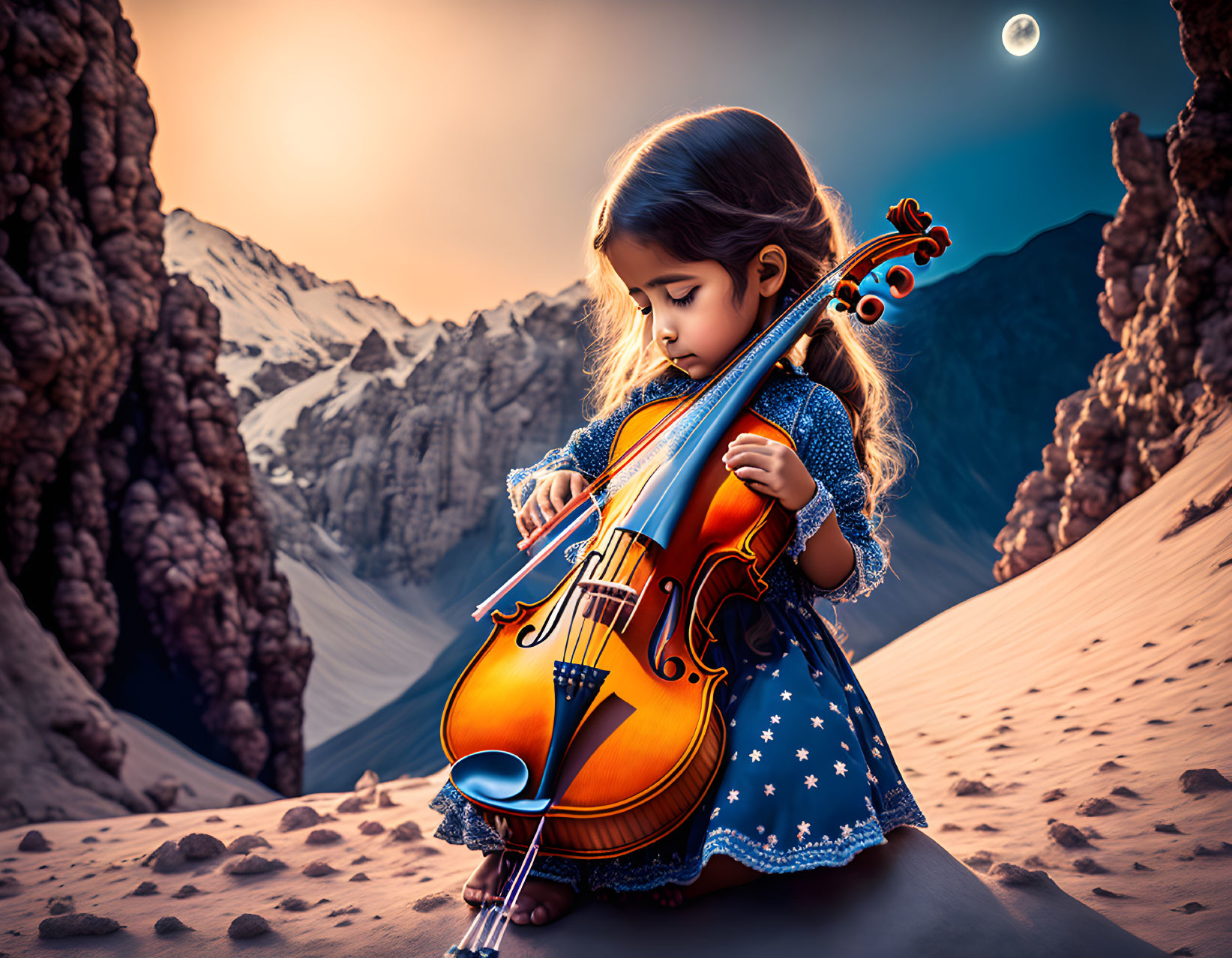 Young girl plays decorated violin in surreal desert landscape