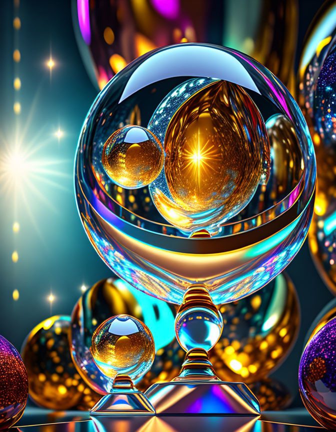 Vibrant abstract art with reflective spheres and glowing lights