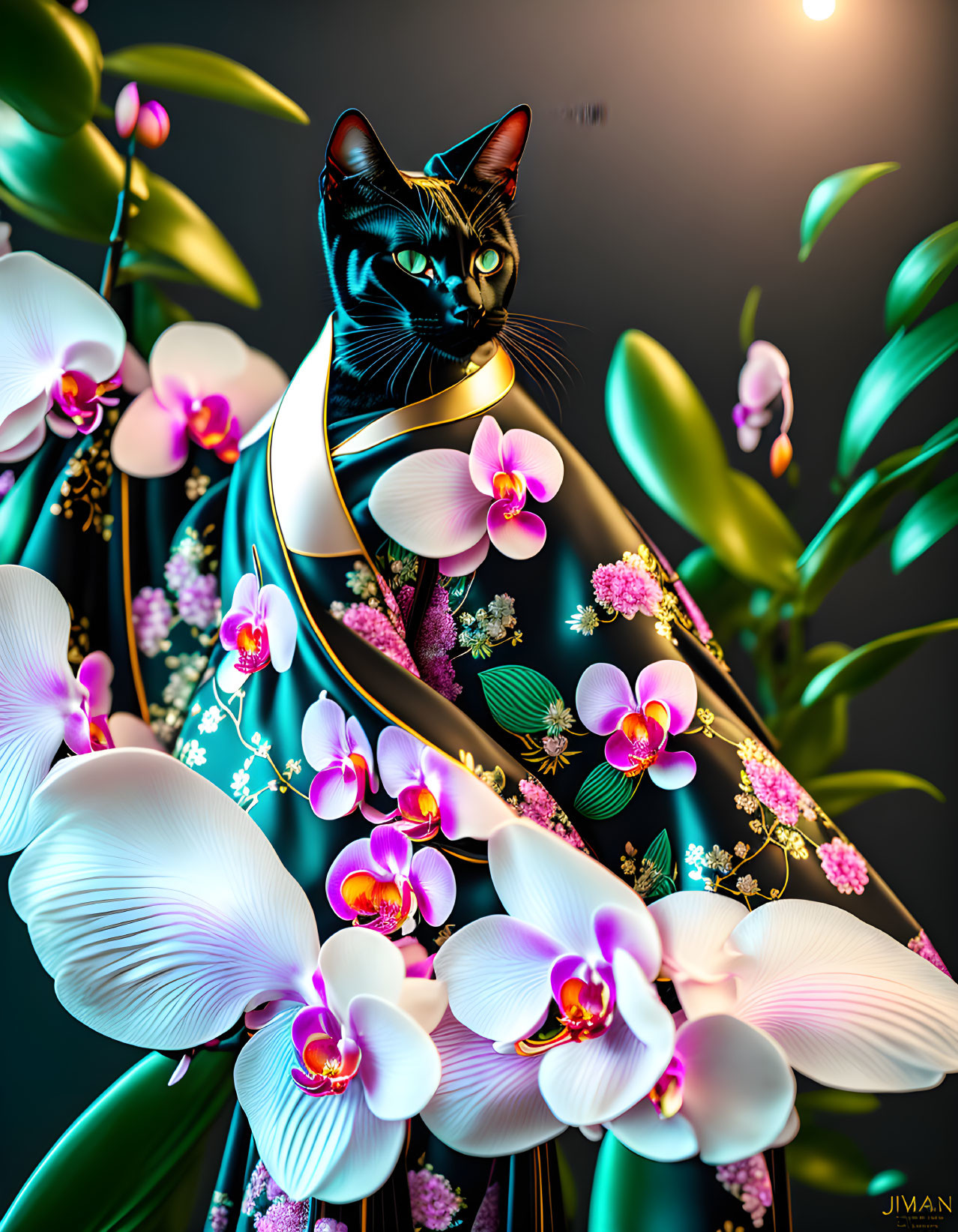 Digital Artwork: Black Cat with Green Eyes and Orchids in Floral Robe