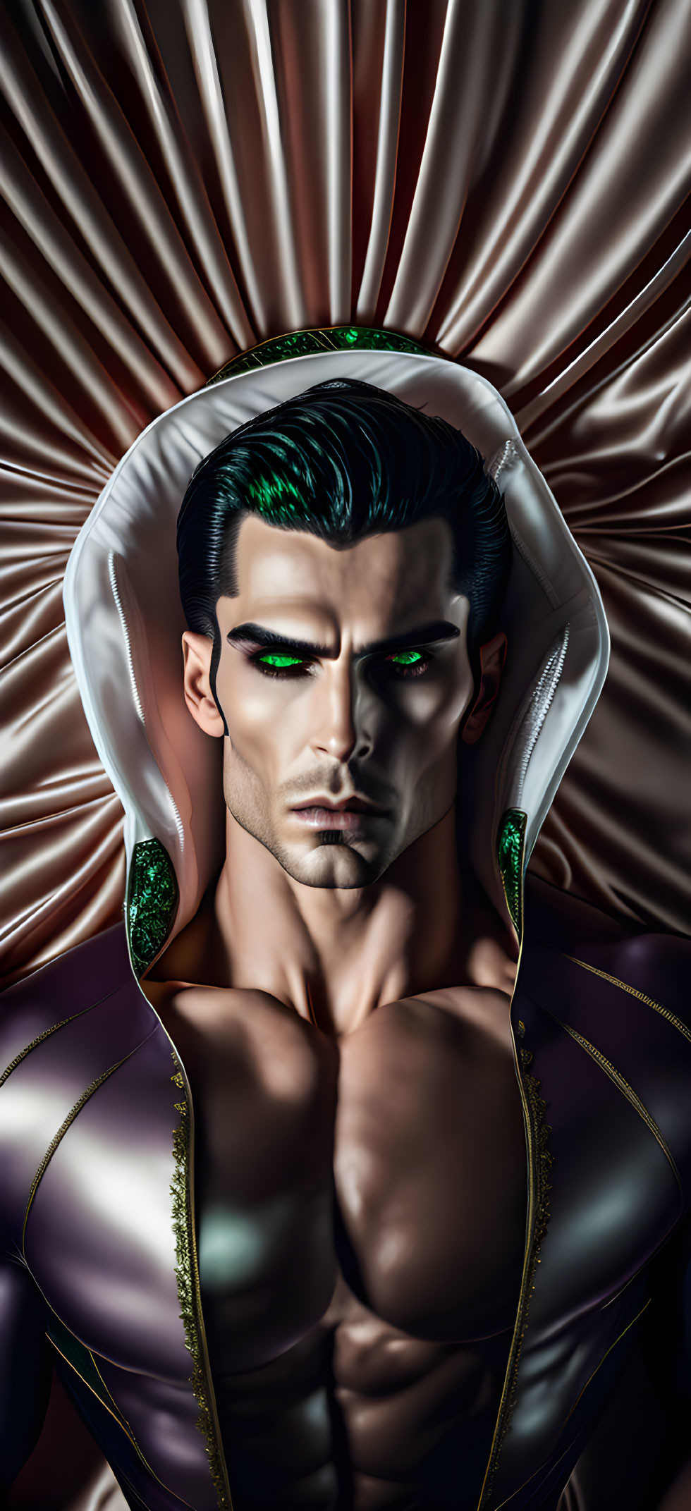 Illustrated man with green eyes and black hair in white and gold cloak, amidst radiant light.