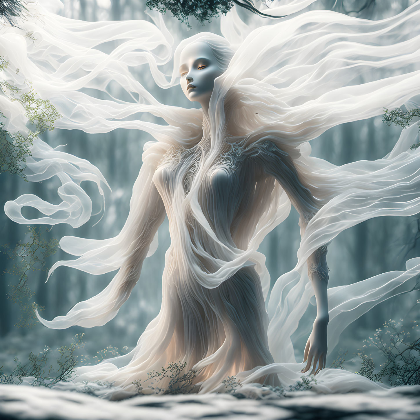 Mystical forest spirit in flowing white robes among ethereal trees