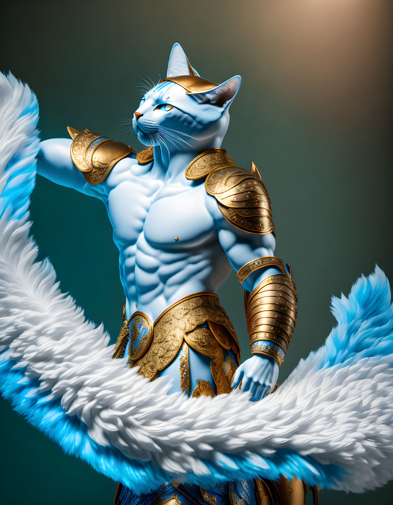 Muscular anthropomorphic cat in golden armor on teal background